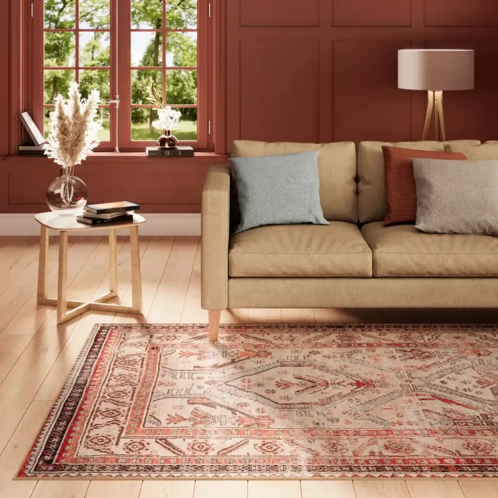 terracotta floor tile Layered with Natural Jute Rugs