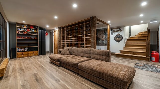 unfinished basement room divider ideas Stone and Wood Accent Wall