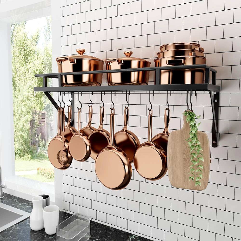 Small Kitchen Ideas on a Budget Ceiling-mounted rack with copper cookware