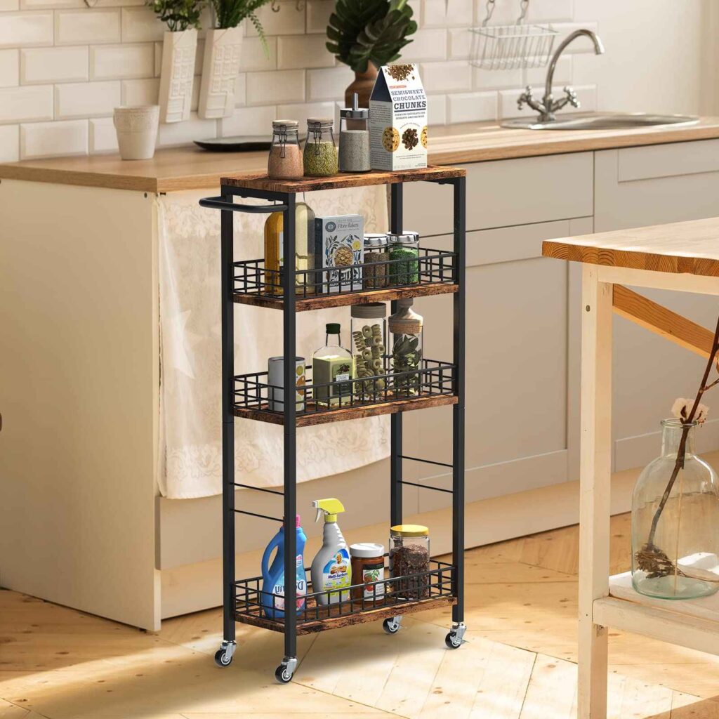 small kitchen idea Slim wooden cart with wheels in a small kitchen