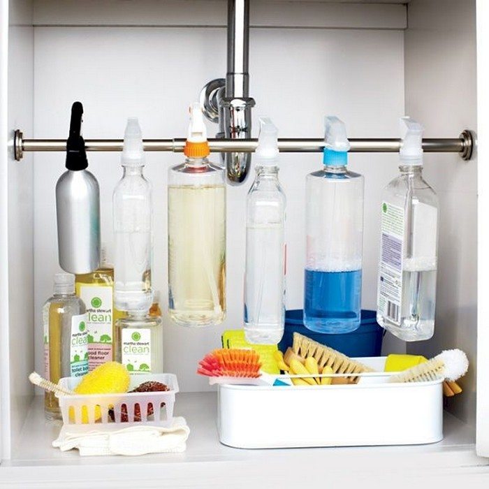 small kitchen idea Use Tension Rods Under the Sink